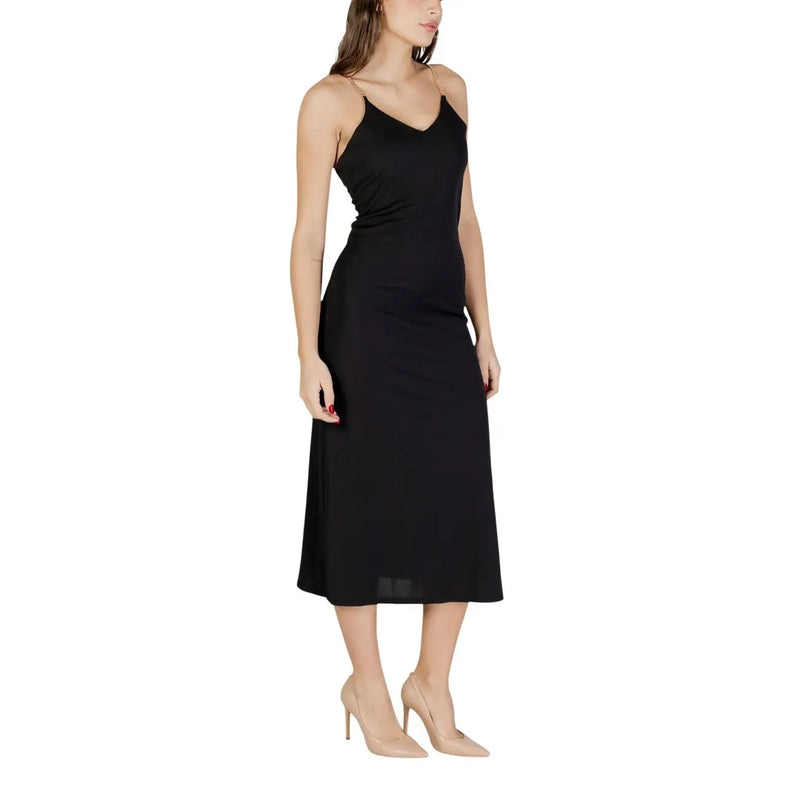 Black v-neck strappy midi dress by Morgan De Toi featuring spaghetti straps and subtle side seam detail