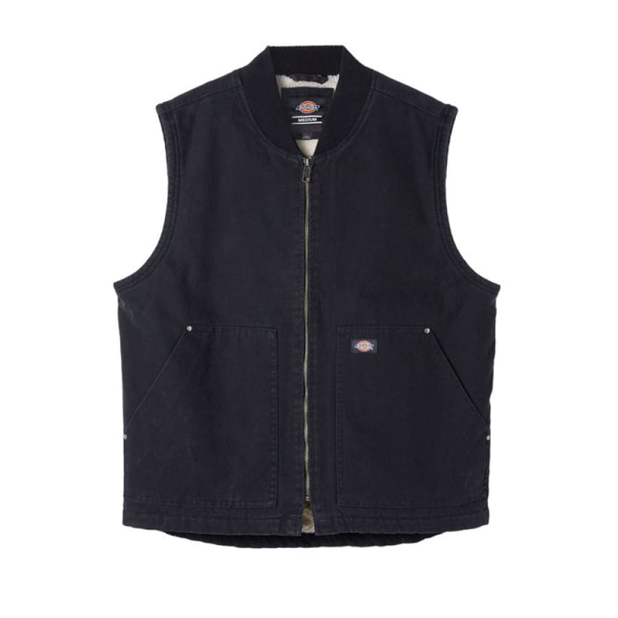 Dickies men gilet featuring a black vest with zipper and white button