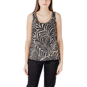 Black and beige leaf-patterned sleeveless viscose tank top for women