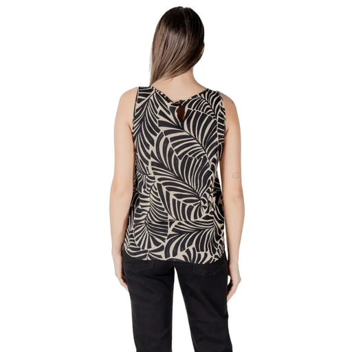 Black and cream viscose tank top with tropical leaf pattern for women