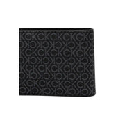 Open black leather wallet with Calvin Klein pattern displaying premium craftsmanship