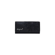 Black leather wallet and card holder featuring an elegant floral design