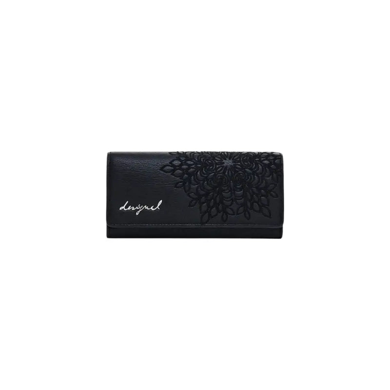 Black leather wallet and card holder featuring an elegant floral design