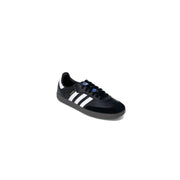 Black and white Adidas Samba shoe displayed as Adidas Men Black Leather Sneakers Size 2.5