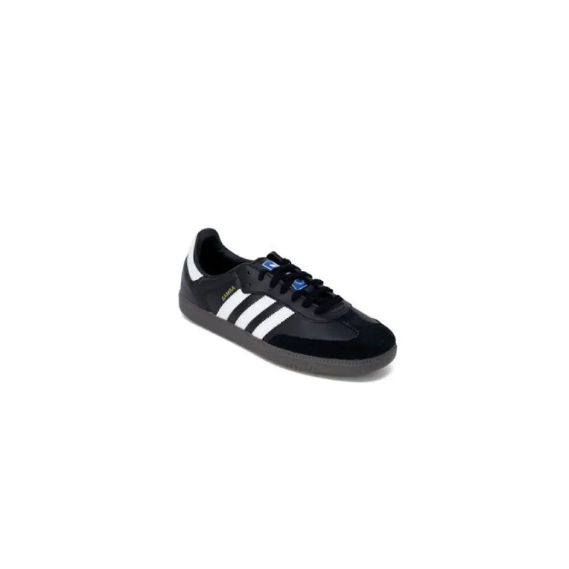 Black and white Adidas Samba shoe displayed as Adidas Men Black Leather Sneakers Size 2.5