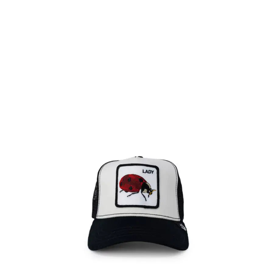 Goorin Bros men cap for spring summer with ladybug on black and white hat.