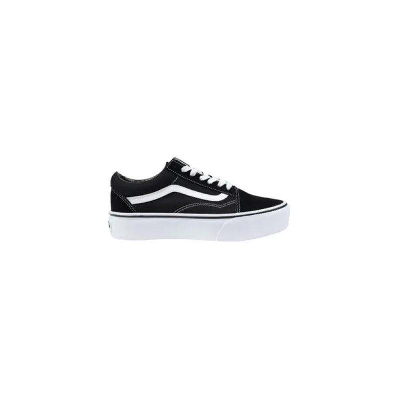 Black and white platform Vans sneaker displayed, showcasing stylish footwear design
