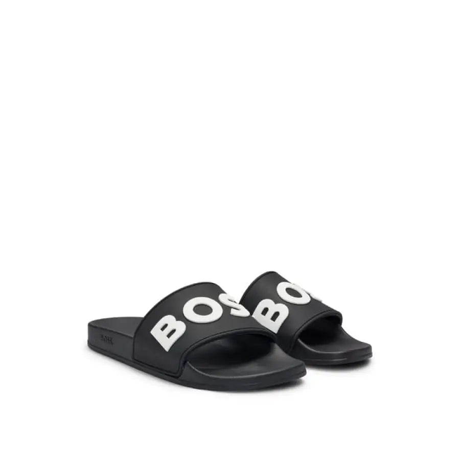 Boss Boss Men’s logo on black and white slider slippers for men.