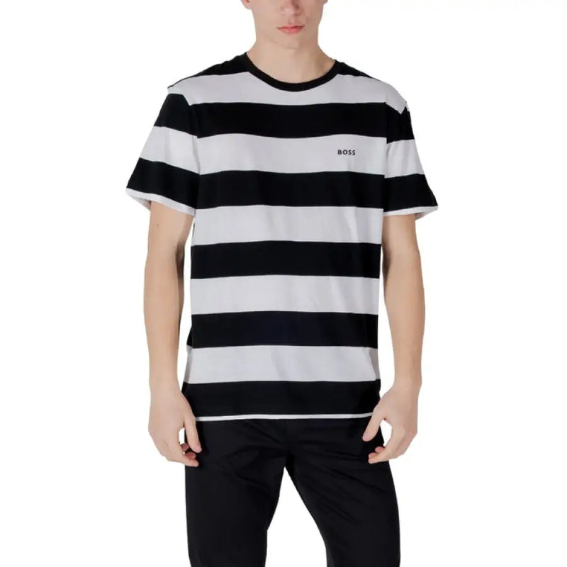 Black and white striped T shirt displayed in a product image for fashion apparel