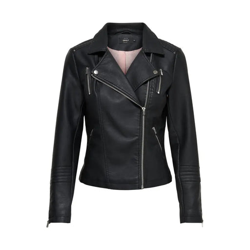 Black faux leather moto jacket with asymmetrical zipper for women displayed with blazer product