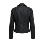 Black faux leather biker jacket with quilted shoulders, featured in Black Women’s Blazer