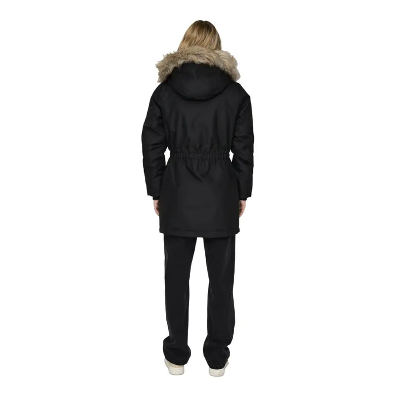 Black women’s jacket with hood front pockets black puffer parka with tan fur-lined hood and drawstring waist
