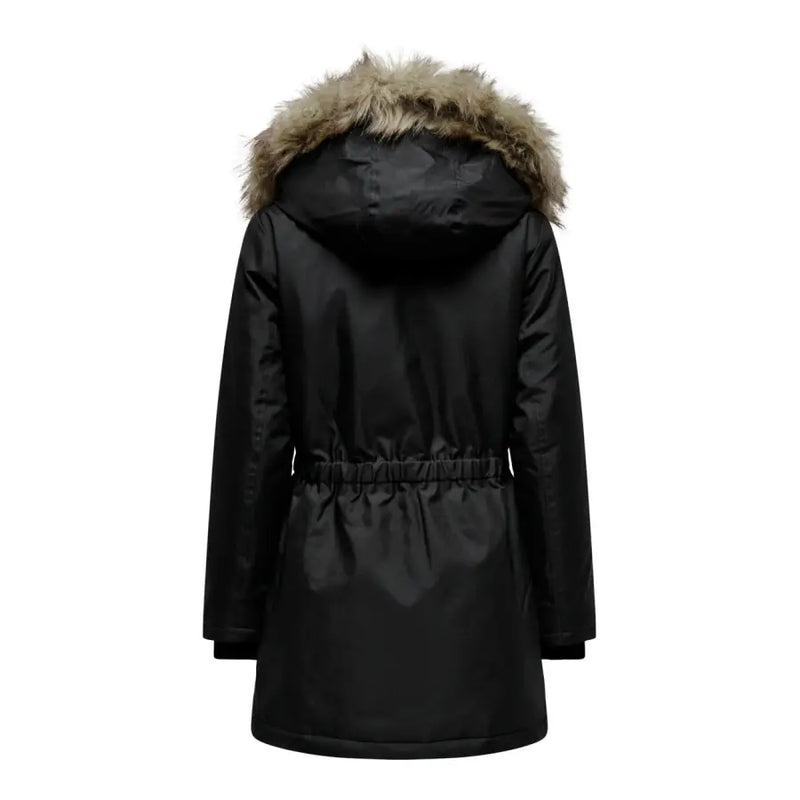 Black women’s winter parka with plush light brown fur-lined hood and elastic drawstring waist for cold weather