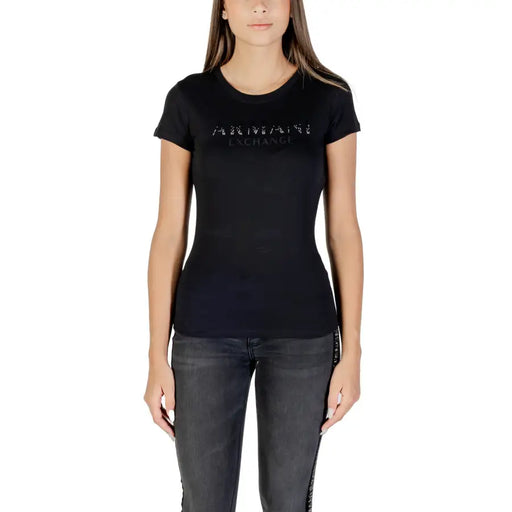 Black women’s Armani Exchange T-shirt with textured logo and dark grey jeans