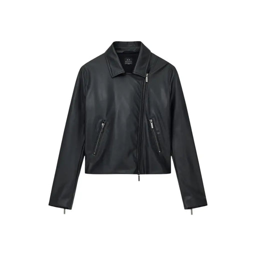 Schwarze Kunstleder-Motorradjacke mit silbernen Reißverschlüssen von Armani Exchange