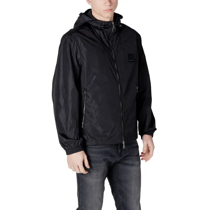 Men’s black zip hooded windbreaker jacket with front pockets by Armani Exchange