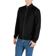 Black zip-up bomber jacket with sleek modern design and subtle texture from Armani Exchange knitwear collection