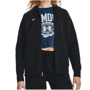Black Under Armour zip-up athletic jacket over navy graphic t-shirt in Women’s collection