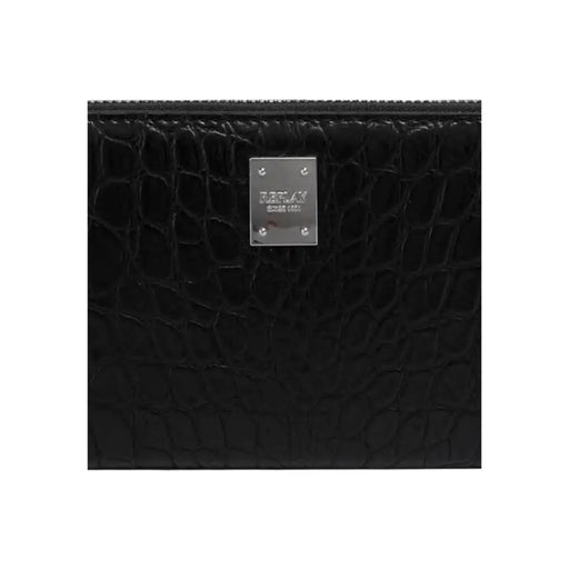Black crocodile-embossed leather Replay zip wallet with silver plaque