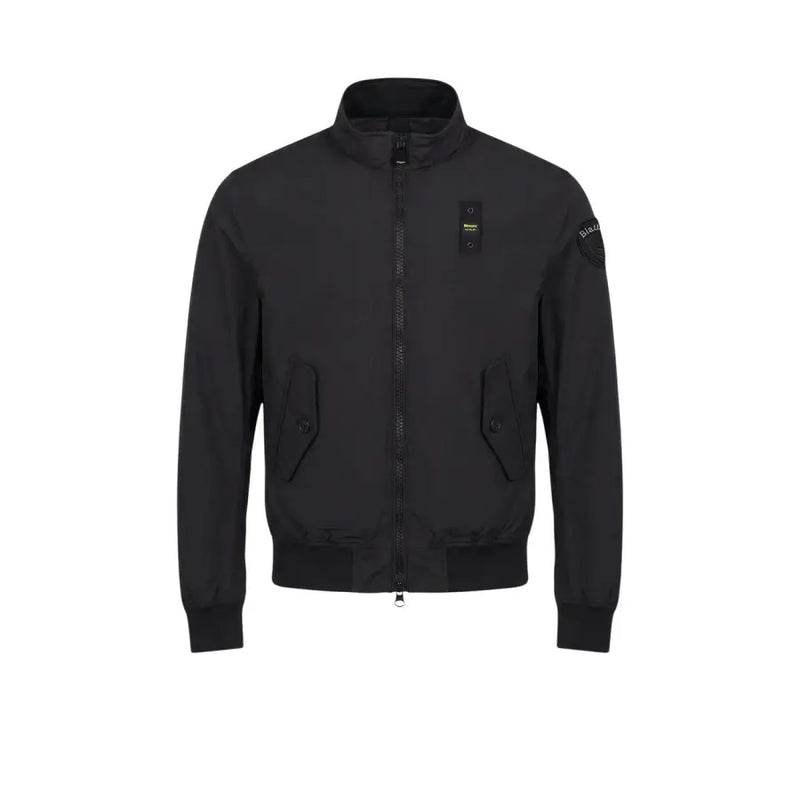 Blauer Schwarzer Herrenblazer aus Polyamid mit Stehkragen, Reißverschluss vorne und zwei schrägen Taschen.