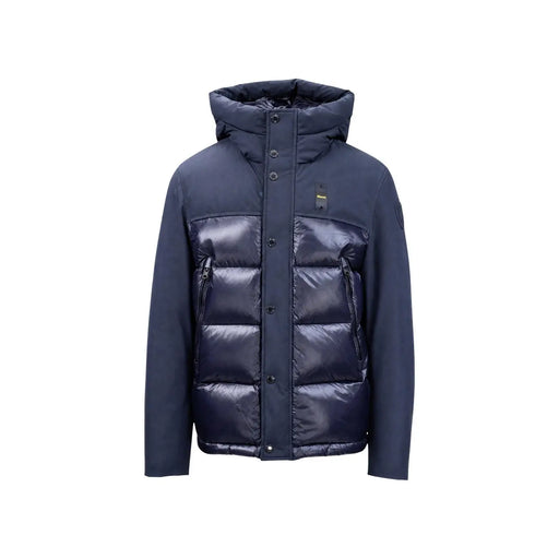 Blauer Herrenblazer mit Kapuze, blau, Nylonmischung, dunkelblaue Steppjacke mit gesteppter Kapuze und Knopfleiste vorne