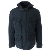 Blauer Herren-Winterjacke mit Kapuze in Dunkelblau aus Baumwollmischgewebe mit geknöpften Pattentaschen und Schulteraufnähern