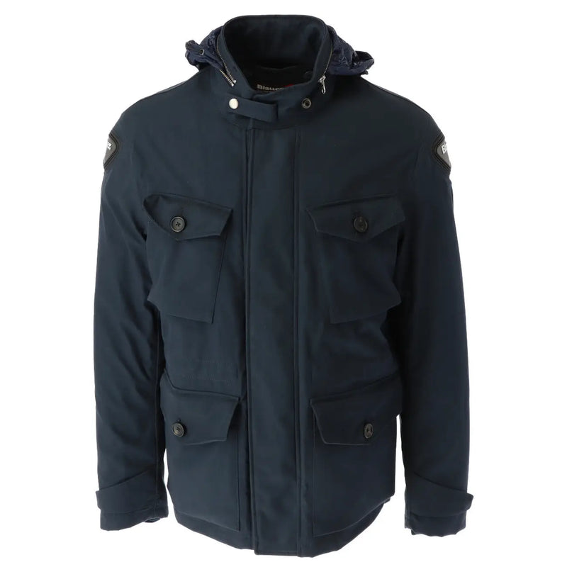 Blauer Herren-Winterjacke mit Kapuze in Dunkelblau aus Baumwollmischgewebe mit geknöpften Pattentaschen und Schulteraufnähern