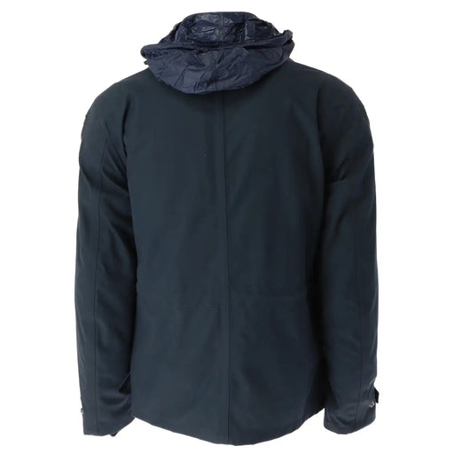 Blauer Herren-Winterjacke mit Kapuze in Dunkelblau aus Baumwollmischgewebe mit glänzendem, wasserabweisendem Innenfutter