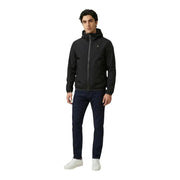 Blauer Herrenblazer mit Kapuze, schwarze Polyamidjacke mit elegantem, modernem Design und dezenten grauen Reißverschlussakzenten