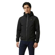 Blauer Herrenblazer mit Kapuze, schwarze Polyamidjacke mit elegantem, modernem Design und grauen Reißverschlussdetails