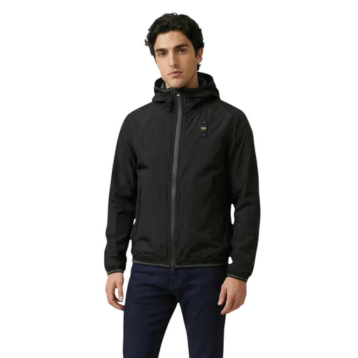 Blauer Herrenblazer mit Kapuze, schwarze Polyamidjacke mit elegantem, modernem Design und grauen Reißverschlussdetails