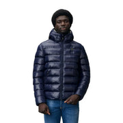 Marineblaue, gesteppte Nylon-Pufferjacke mit Kapuze und Frontreißverschluss von Blauer Herren-Nylonblazer mit Kapuze, blaue Kollektion