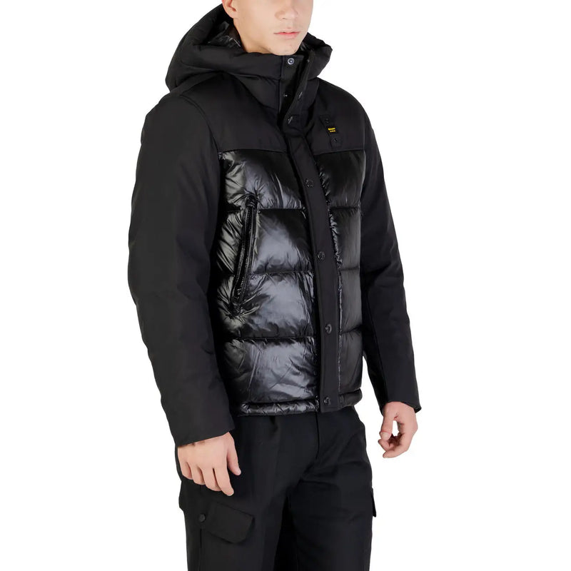 Blauer Herrenjacke mit Kapuze, schwarz, lang, aus Polyamid-Polyester, mit glänzendem, gestepptem Vorderteil und matten Ärmeln