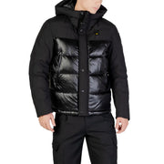 Blauer Schwarze, lange Herrenjacke aus Polyamid-Polyester mit Kapuze, glänzendem, gestepptem Vorderteil und Kapuze.
