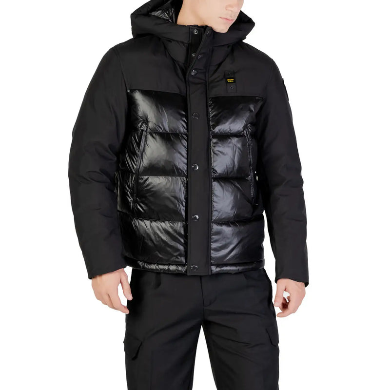 Blauer Schwarze, lange Herrenjacke aus Polyamid-Polyester mit Kapuze, glänzendem, gestepptem Vorderteil und Kapuze.