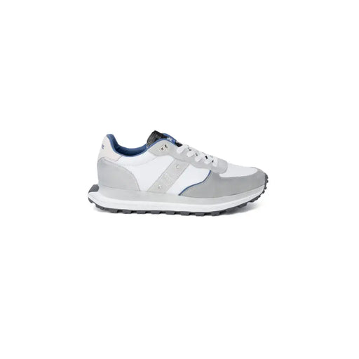 Blauer Herren-Sneaker aus grauem Leder mit Schnürung, Größe 1, grau-weißer Wildleder-Sneaker mit blauen Akzenten an Zunge und Fersenfutter
