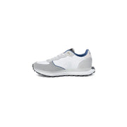 Blauer Herren-Sneaker aus grauem Leder mit Schnürung, sportlichem Design in Weiß und Grau sowie blauen Akzenten.