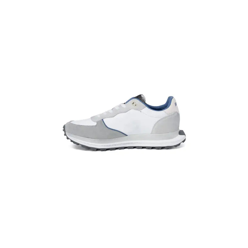 Blauer Herren-Sneaker aus grauem Leder mit Schnürung, sportlichem Design in Weiß und Grau sowie blauen Akzenten.