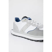 Blauer Herren-Sneaker aus grauem Leder, Schnürung, Größe 1, mit grau-weißem Wildleder-Obermaterial und blauen Akzenten, Gummisohle