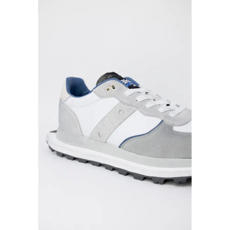 Blauer Herren-Sneaker aus grauem Leder, Schnürung, Größe 1, mit grau-weißem Wildleder-Obermaterial und blauen Akzenten, Gummisohle