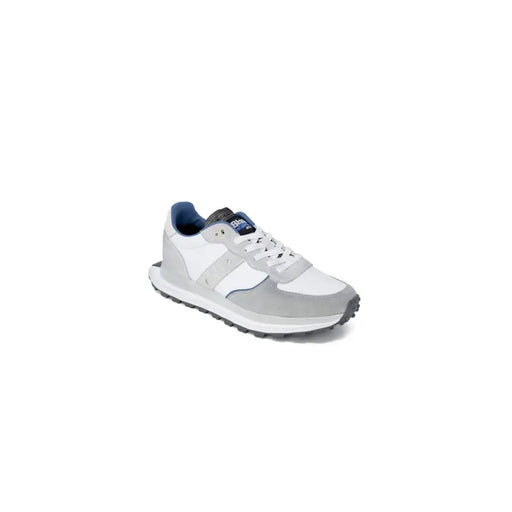 Blauer Herren-Sneaker aus grauem Leder mit Schnürung, weißem und grauem Design sowie marineblauen Akzenten und profilierter Sohle