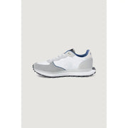 Blauer Herren-Sneaker aus grauem Leder mit Schnürung, Größe 1, mit weiß-grauem Design, blauen Akzenten und profilierter Sohle.