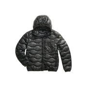 Blauer Weiße, gesteppte Herren-Pufferjacke aus Polyamid mit Kapuze und gelbem Ärmellogo aus der Frühjahr/Sommer-Kollektion