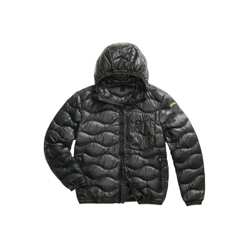 Blauer Weiße, gesteppte Herren-Pufferjacke aus Polyamid mit Kapuze und gelbem Ärmellogo aus der Frühjahr/Sommer-Kollektion