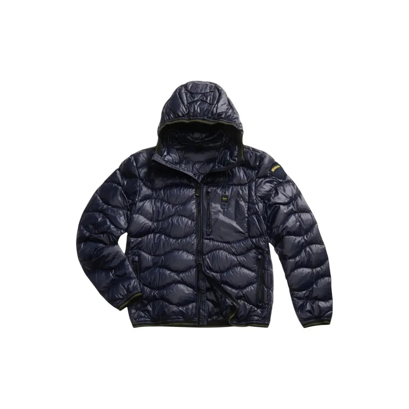 Dunkelblaue Steppjacke mit Kapuze und dezentem gelbem Logo am Ärmel aus der Blauer Herren-Frühjahr/Sommer-Kollektion