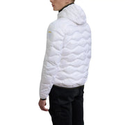 Blauer Weiße, gesteppte Herren-Daunenjacke aus Polyamid mit Kapuze und dezentem gelbem Logo, Frühjahr/Sommer-Kollektion