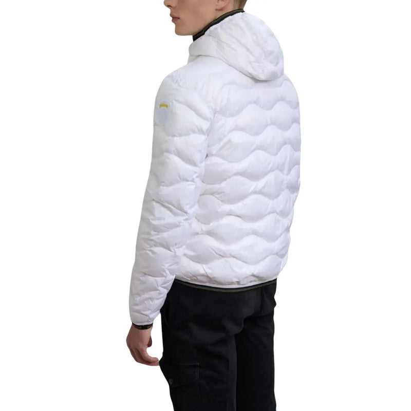 Blauer Weiße, gesteppte Herren-Daunenjacke aus Polyamid mit Kapuze und dezentem gelbem Logo, Frühjahr/Sommer-Kollektion