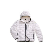 Blauer Weiße, gesteppte Herren-Daunenjacke aus Polyamid mit schwarzem Reißverschluss und beigefarbener, fleecegefütterter Kapuze – Frühjahr/Sommer-Kollektion