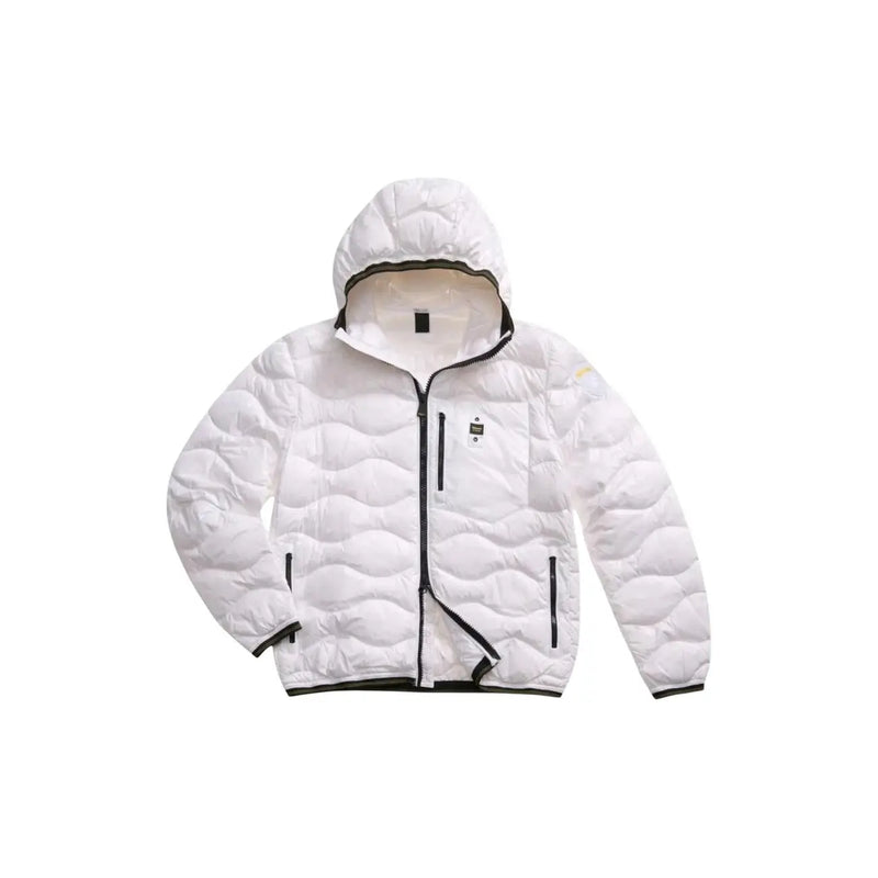 Blauer Weiße, gesteppte Herren-Daunenjacke aus Polyamid mit schwarzem Reißverschluss und beigefarbener, fleecegefütterter Kapuze – Frühjahr/Sommer-Kollektion