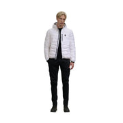 Blauer Weiße, gesteppte Herren-Daunenjacke mit Kapuze und schwarzen Reißverschlussdetails aus Polyamid für die Frühjahr/Sommer-Kollektion